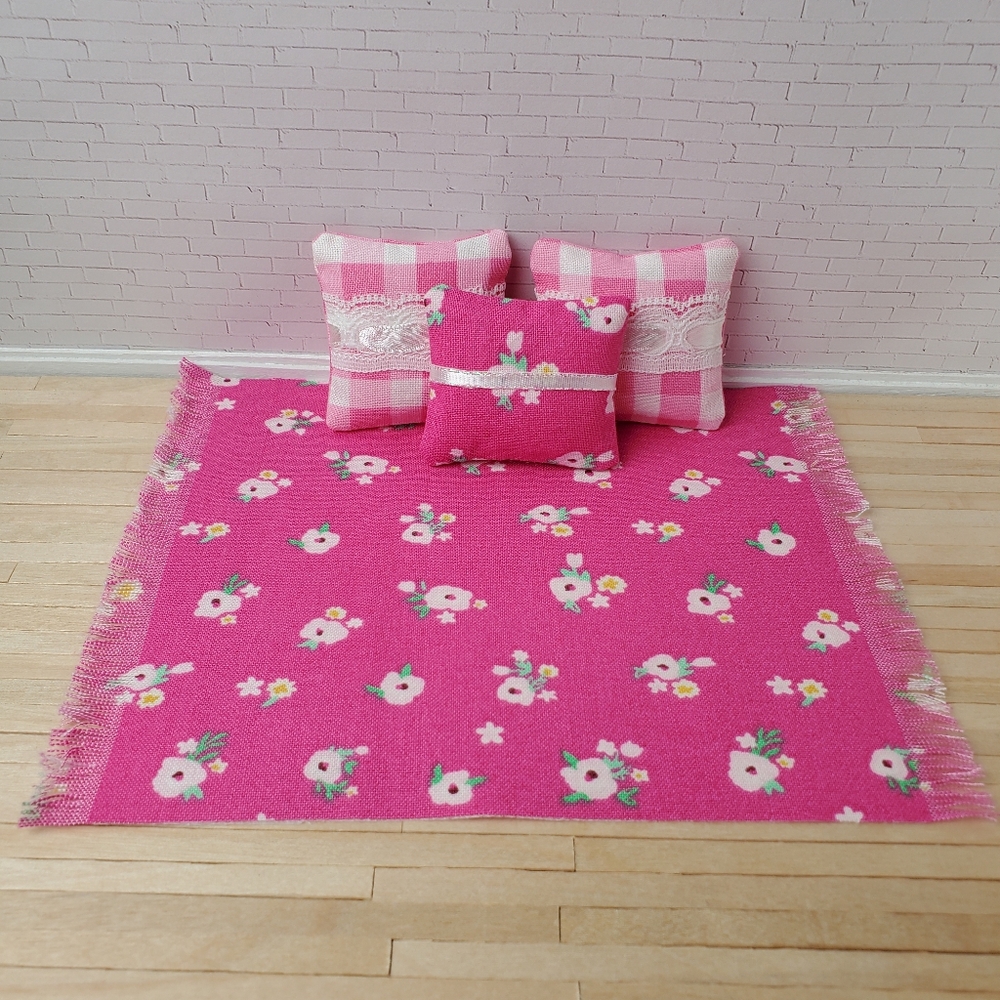 Miniature Dollhouse Floral Hot Pink Rug Pillows 1:12 Scale